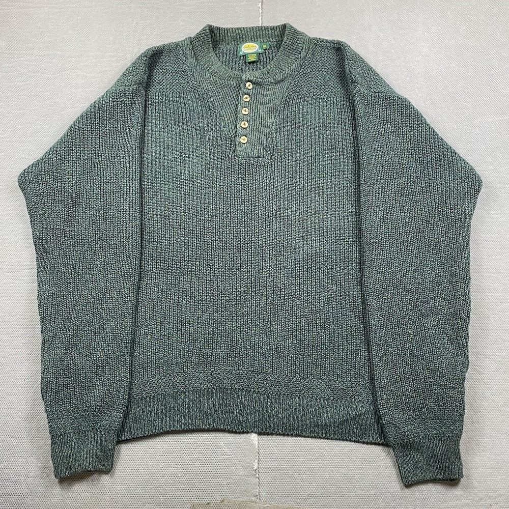 VTG Cabelas Sweater Mens 2XL Tall Ribbed Henley Pullover Heavy Knit USA Green